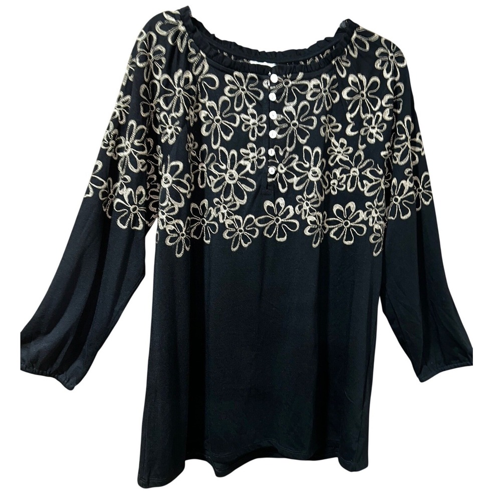 J. Jill Womens Black Embroidered‎ Floral Long Sleeve Button Front Top Small
